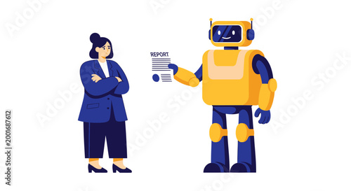 Robot, businesswoman, technology, innovation, communication, yellow, blue, vector illustration