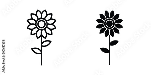 Sunflower icon with line stroke and black silhouette style