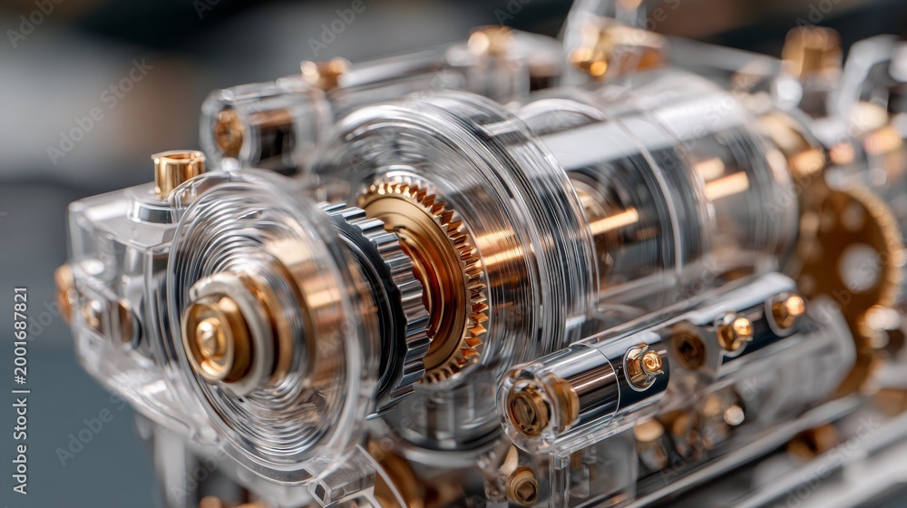 Fototapeta premium Close-up of a clear mechanical gear system showcasing intricate details.
