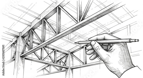 Architectural drawing of a steel truss structure with a hand holding a pencil.