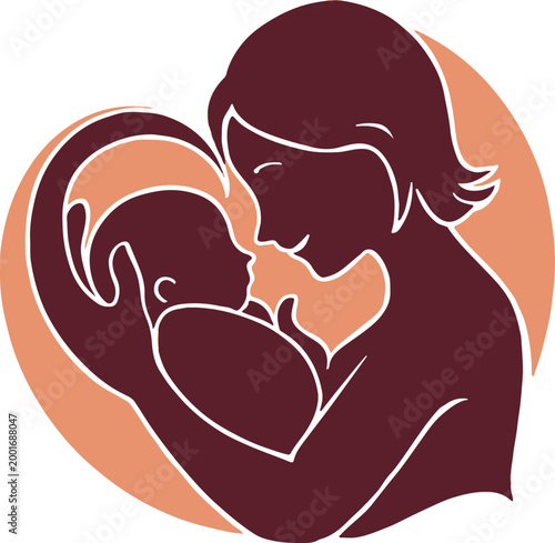 Mother and baby silhouette illustration inside a heart shape for Mother's Day, concept of maternal love, newborn care, and parenthood in minimalist line art style.