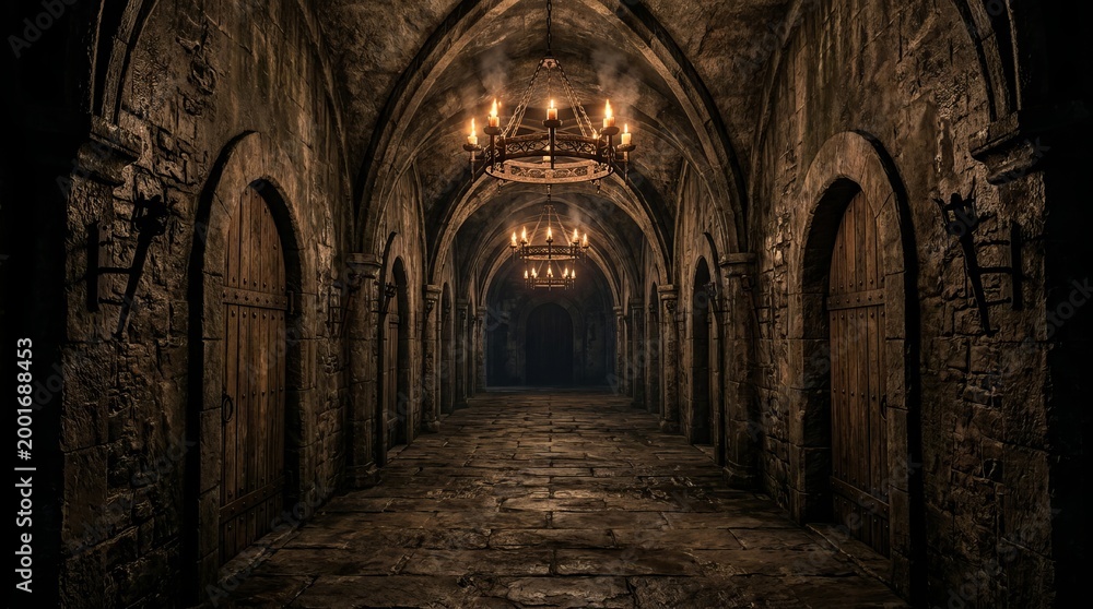 Fototapeta premium Arched doorways line the walls leading deeper into a gloomy empty passage.