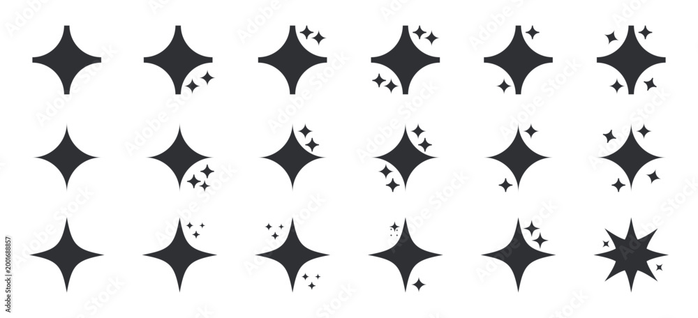 Fototapeta premium Stars set icons. different star shapes.sparkle star icons collection.vector set of different black sparkles icons on transparent background.