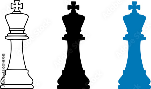 Three chess kings pieces in white, black and blue on a plain background, symbolizing strategy and competition in a game of chess.