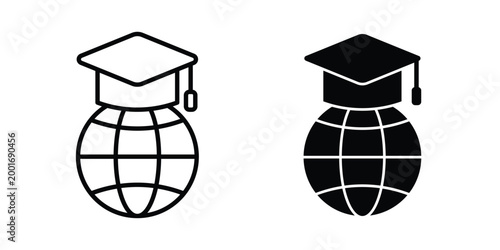 World university icon with line stroke and black silhouette style