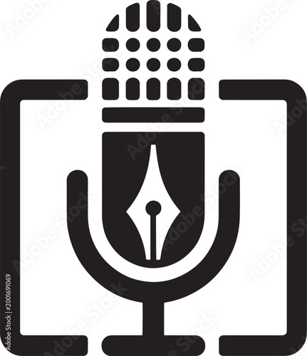 Black vector illustration of a microphone with a pen nib symbolizing writing and speech