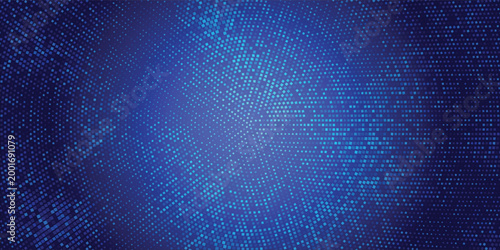 Blue cyber security themed background with abstract square halftone data matrix radiating pattern.