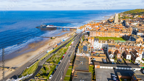 Bild auf Leinwand An aerial drone view of the coastal town of Cromer, in North Norfolk in the UK