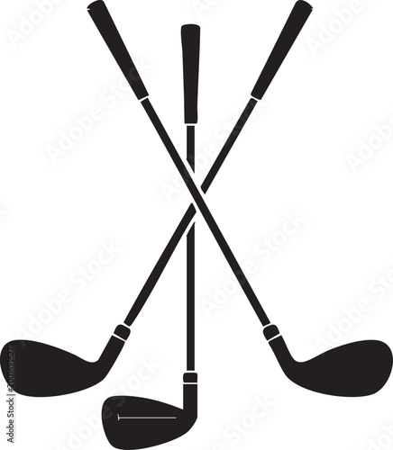 Golf clubs crossed minimalist black silhouette on white background for sports equipment