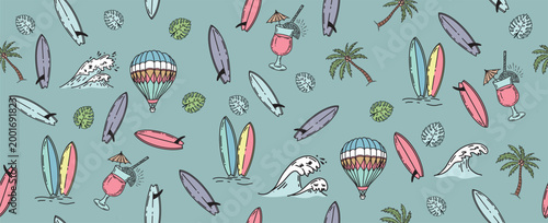 Hello Summer, pattern with surfboard, palm tree and wave, hand drawn illustration.