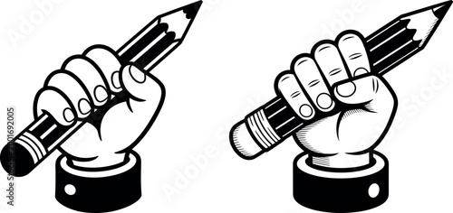 Illustration of a hand holding a pencil symbolizing writing or creativity black and white pencil lead creativity education illustration