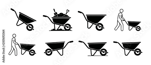 Wheelbarrow Icon Set, Garden Cart and Construction Tool Vector Symbols for Labor, Farming, Gardening, Landscaping, and Site Work, Simple Black Outline Graphic Elements for Web and User Interface Desig