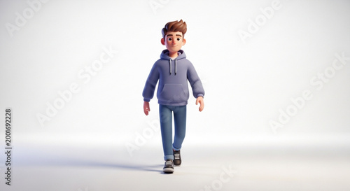 A cheerful cartoon boy wearing a purple hoodie walking with a friendly smile on his face and stylish brown hair