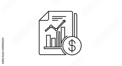 A black line icon of a document with a graph and a dollar sign