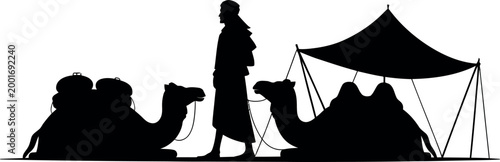 Desert caravan silhouette with man camels tent middle east tradition silhouette oriental bactrian transport illustration wanderlust outdoors