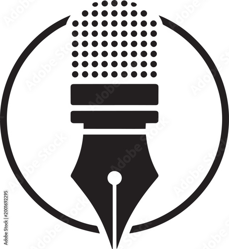 Black vector illustration of a fountain pen nib in a circle with dots