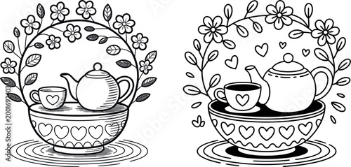 Doodle style floral teapot and teacup set with heart decoration afternoon tea time decoration illustration whimsical beverage breakfast