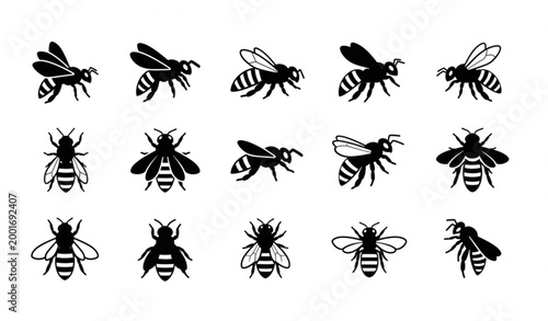 Minimal Bee Insect Silhouette Icon Set in Black Vector Style for Nature and Ecology Design