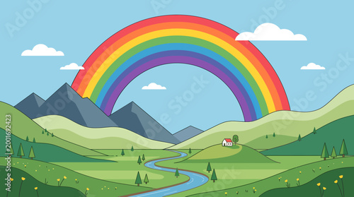 A vibrant rainbow appears over a serene mountain landscape with rolling hills and a winding river.