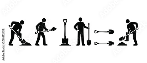 Construction Worker Digging Shovel Icon Set: Vector People Laboring and Tools for Excavation, Gardening, and Industrial Maintenance Projects, Minimalist Black Silhouette Graphics on White Background