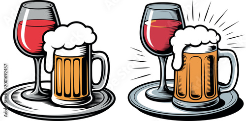 Two glasses of drinks one mug of beer with foam and one glass of red wine on trays food and drink beverage refreshment restaurant celebration