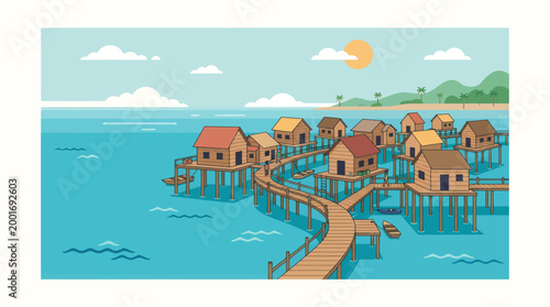 An illustration of a tropical village built on stilts over calm ocean waters with a walkway leading to the shore under a sunny sky.