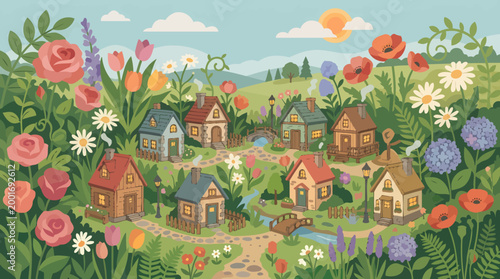 A serene village scene unfolding among lush gardens and vibrant flowers under a clear sky.