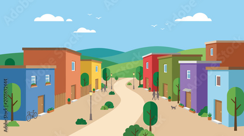 A vibrant cartoon illustration of a sunny street scene with colorful buildings and trees in a rural town landscape.