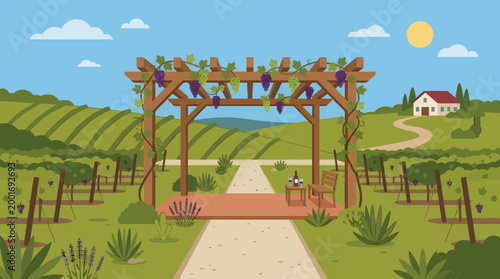 Couple walks through vineyard archway to wine farmhouse on sunny day