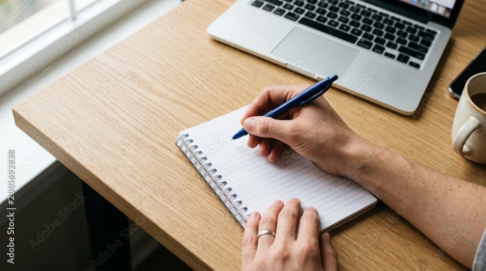Fototapeta premium Person writing in spiral notebook at desk