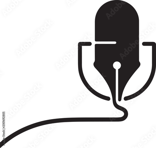 Black vector illustration of a fountain pen nib with ink flowing