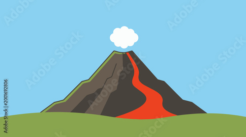 Erupting volcano mountain spews lava on green hillside landscape