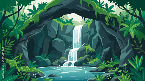 A serene waterfall cascades down a rocky cliff surrounded by lush greenery and tropical plants in a dense jungle environment.