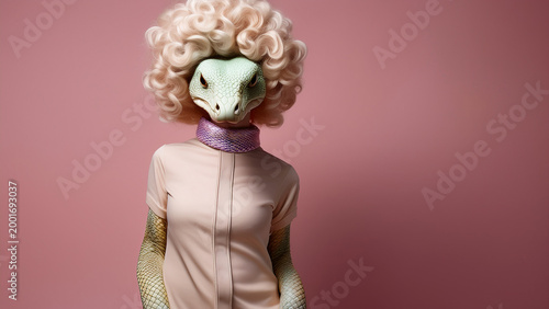 Surreal fashion portrait of a humanoid reptile woman with pink afro hair and snake skin arms on a pastel pink background.