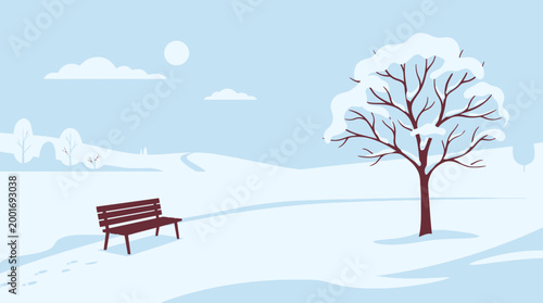 A serene winter scene with a bench and tree under a full moon