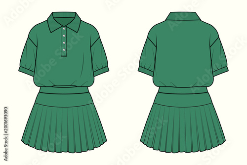Tableau sur toile Emerald Knit Polo and Pleated Mini Skirt Coordinated Set Technical Flat Sketch