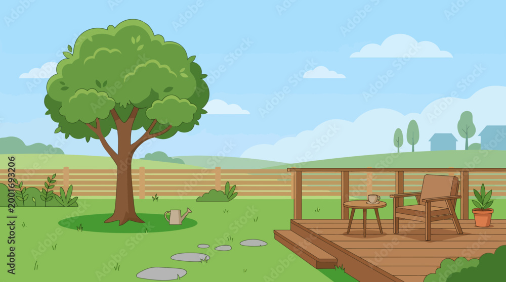 Naklejka premium A serene backyard scene with a tree, deck, chair, table, and potted plant on a sunny day.