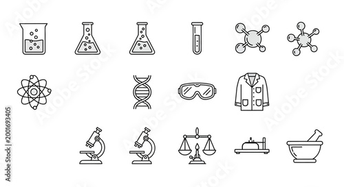 Science Icons Set: Lab Equipment, Molecules, DNA, Microscope