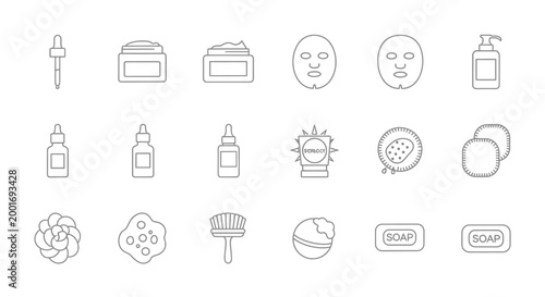 Skincare Cosmetics Icons Set: Beauty, Health, and Wellness Line Art