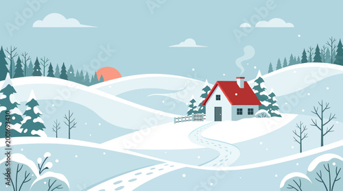 Snowy landscape with house and trees on rolling hills at sunrise