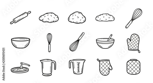 Baking Ingredients and Tools Collection Hand Drawn Sketch.