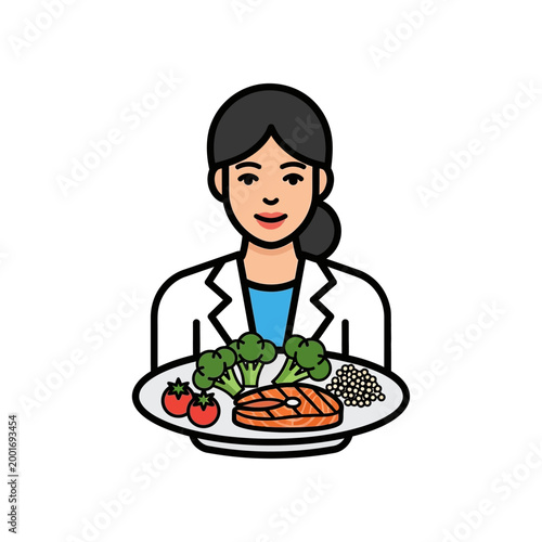 Nutritionist holding plate with salmon, broccoli, tomatoes and peas