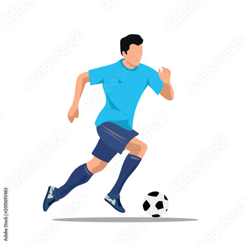 Soccer player running with ball isolated on white background, professional football player in blue uniform dribbling, flat vector illustration