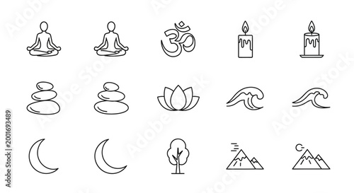 Yoga Meditation Icons: Zen, Spirituality, Nature, and Balance Symbols