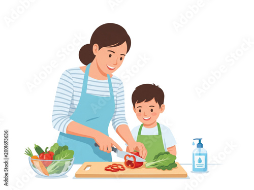 Smiling mother teaching her young son how to safely prepare fresh vegetables at home to promote healthy habits for World Food Safety Day.

