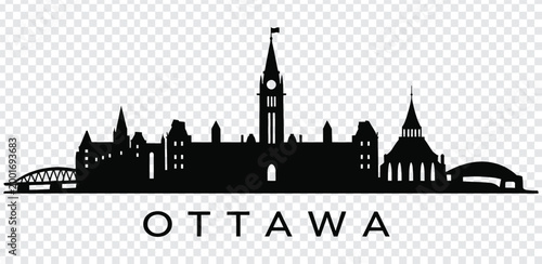 Black silhouette of ottawa city skyline with clock tower and bridges