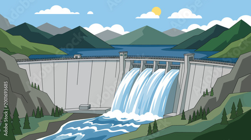 A large dam spills water into a river surrounded by mountains.