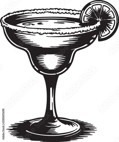 Salt-rimmed margarita glass with lemon slice in black and white illustration for cocktail menu