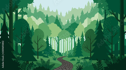 A serene forest landscape with trees, foliage, pathway, hills, and sky