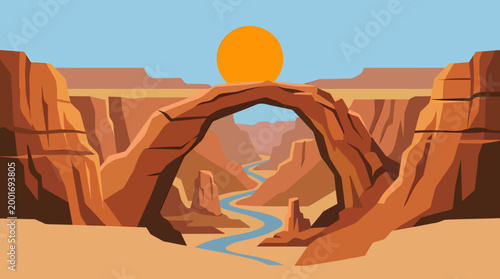 Sun sets behind massive rock archway in desert landscape with river flowing through